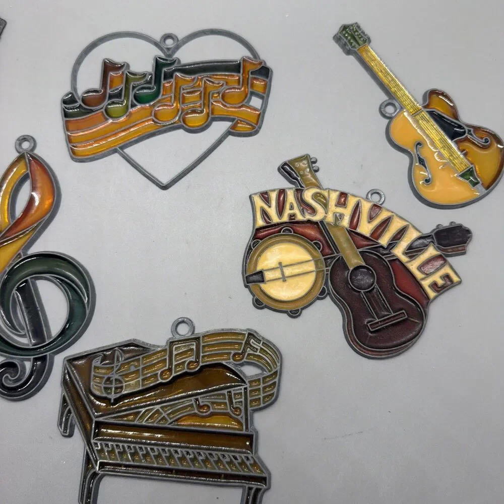 Vtg Nashville Guitar &music Suncatcher Ornaments Lot of 7 Stained Glass 70s 80s